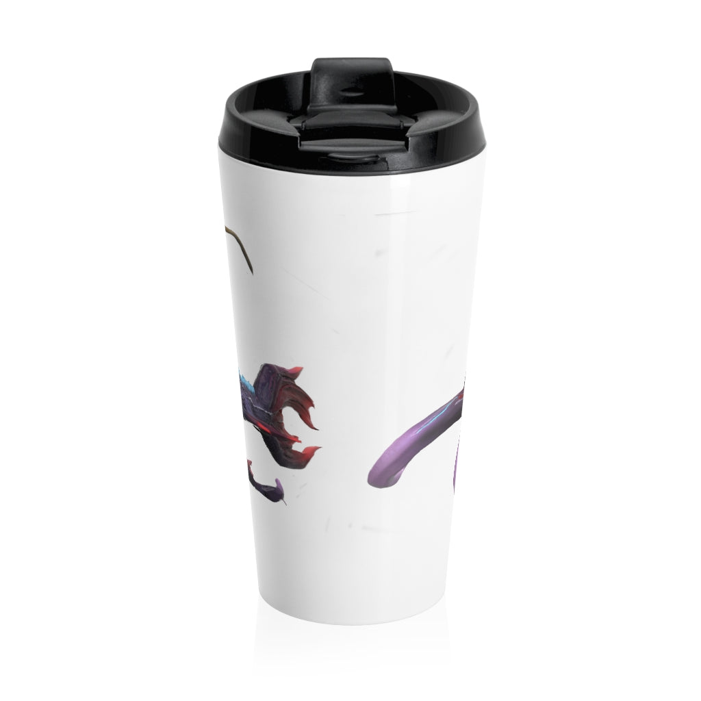 Ryuuk the Fish Dragon God Stainless Steel Travel Mug with vibrant design and black lid, perfect for coffee and tea lovers.