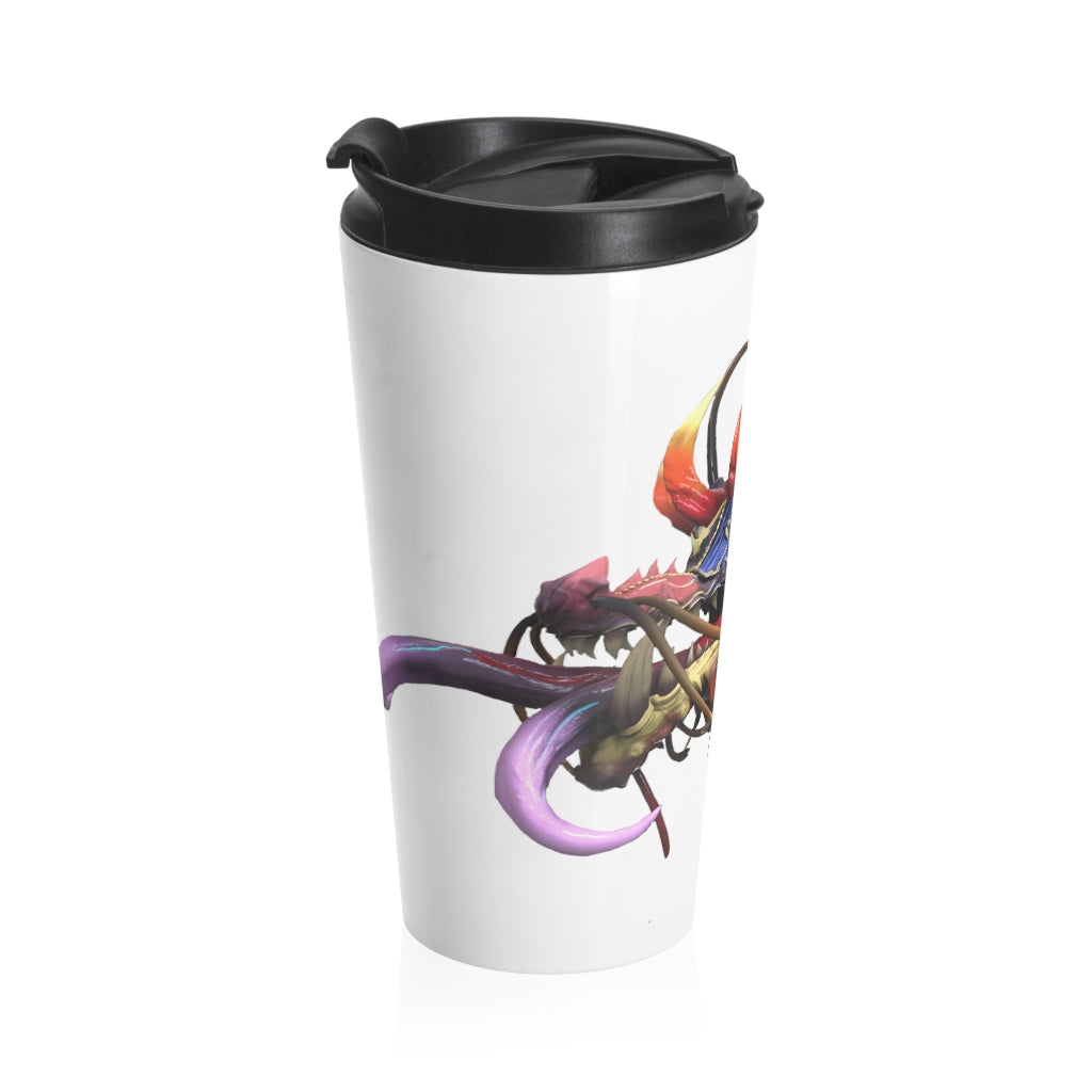 Ryuuk the Fish Dragon God Stainless Steel Travel Mug with vibrant design and black lid, perfect for coffee and tea lovers.