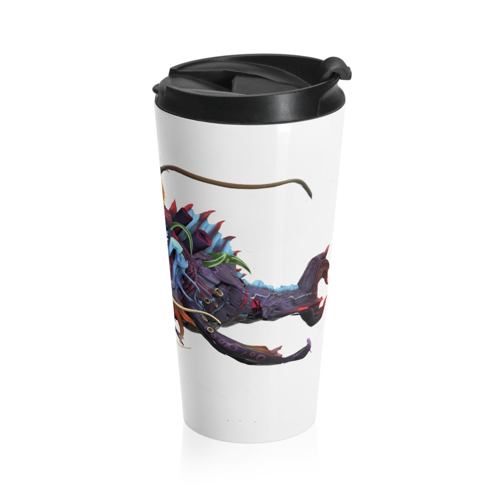 Ryuuk the Fish Dragon God Stainless Steel Travel Mug with vibrant design and black lid, perfect for coffee and tea lovers.