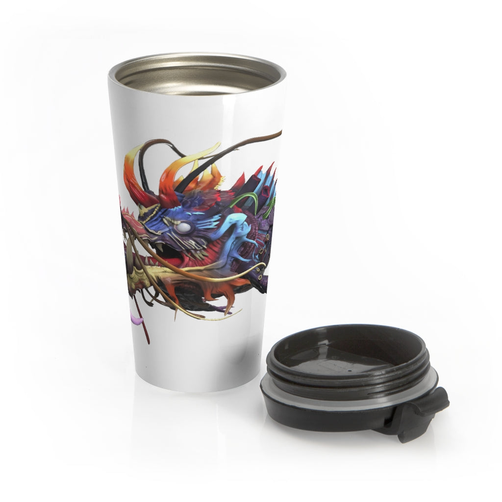 Ryuuk the Fish Dragon God Stainless Steel Travel Mug with vibrant design and black lid, perfect for coffee and tea lovers.