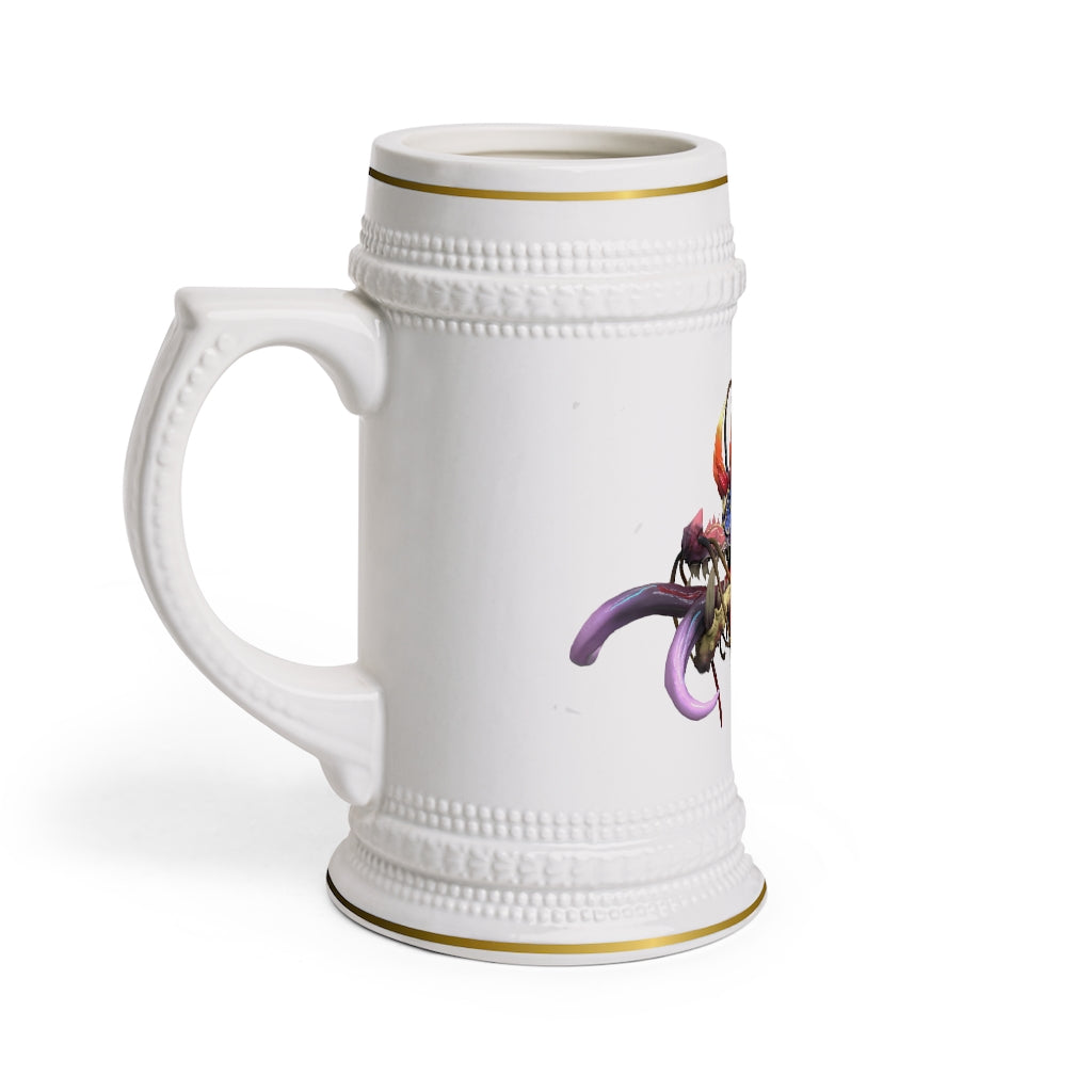 Ryuuk the Fish Dragon God Stein Mug featuring a ribbed design, durable white ceramic, and customizable surface for personal artwork.