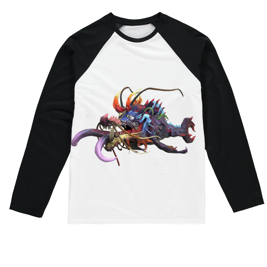Ryuuk the Fish Dragon God Sublimation Baseball Long Sleeve T-Shirt featuring vibrant colors and unique design.