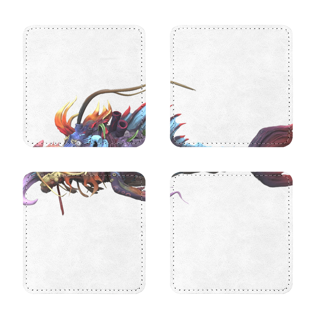 Ryuuk the Fish Dragon God Sublimation Coasters Pack of Four, featuring stylish PU leather design with white stitching.