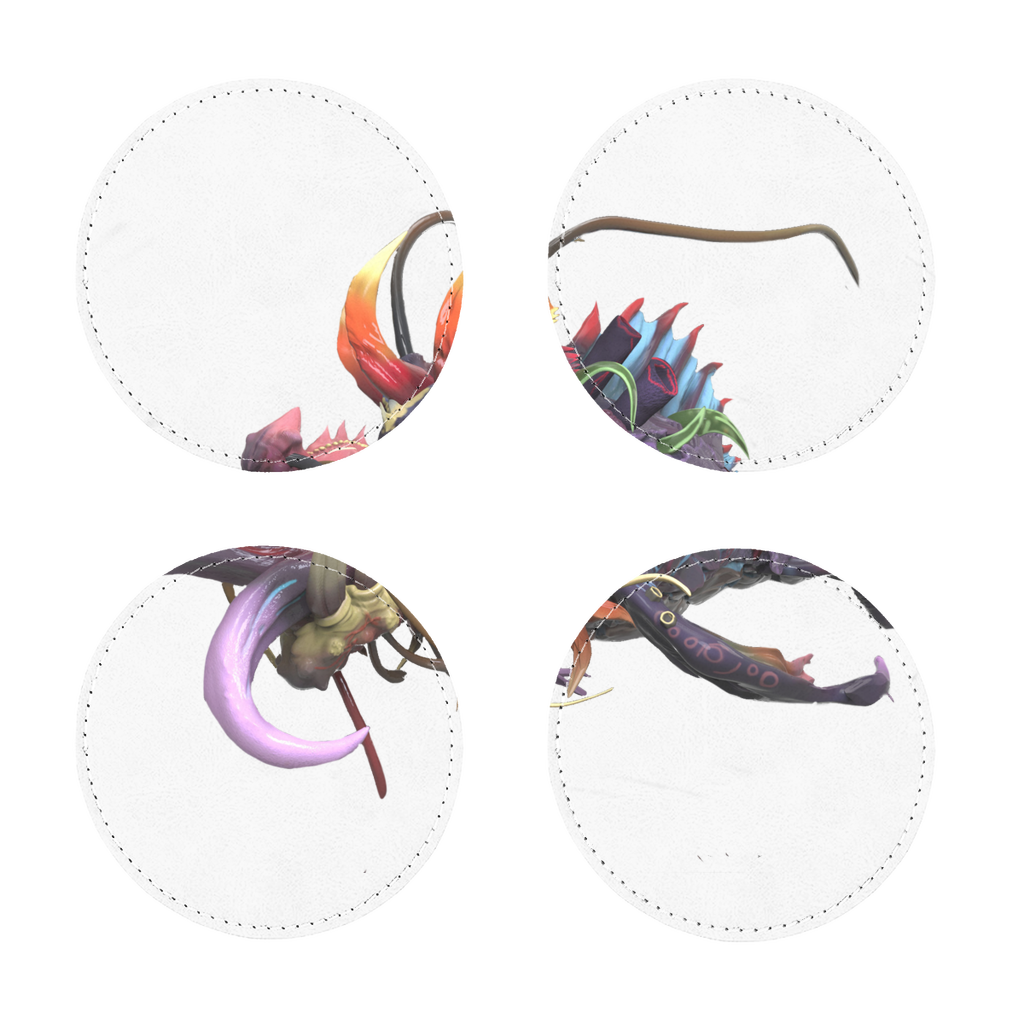 Ryuuk the Fish Dragon God coasters in square and round shapes, showcasing intricate designs on PU leather.