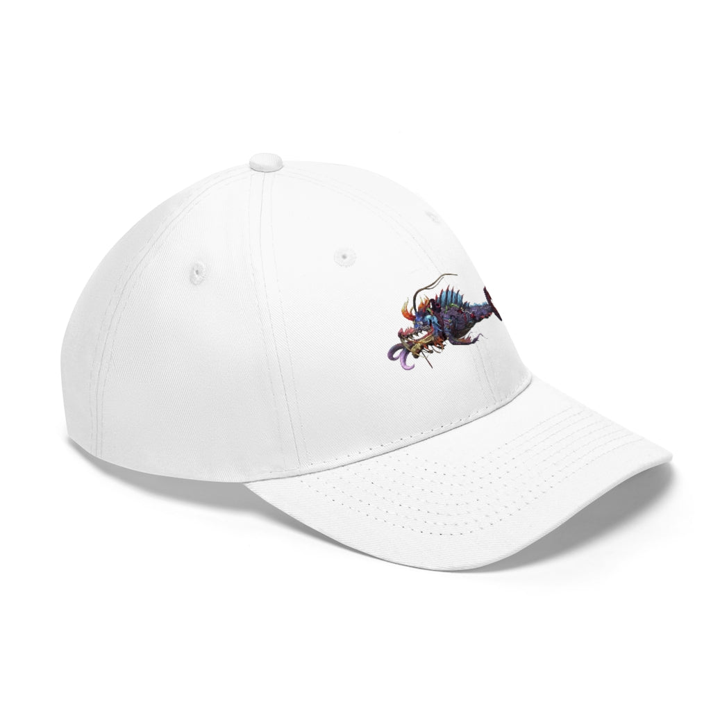 Ryuuk the Fish Dragon God Unisex Twill Hat featuring a unique design, adjustable Velcro closure, and classic 6-panel structure.