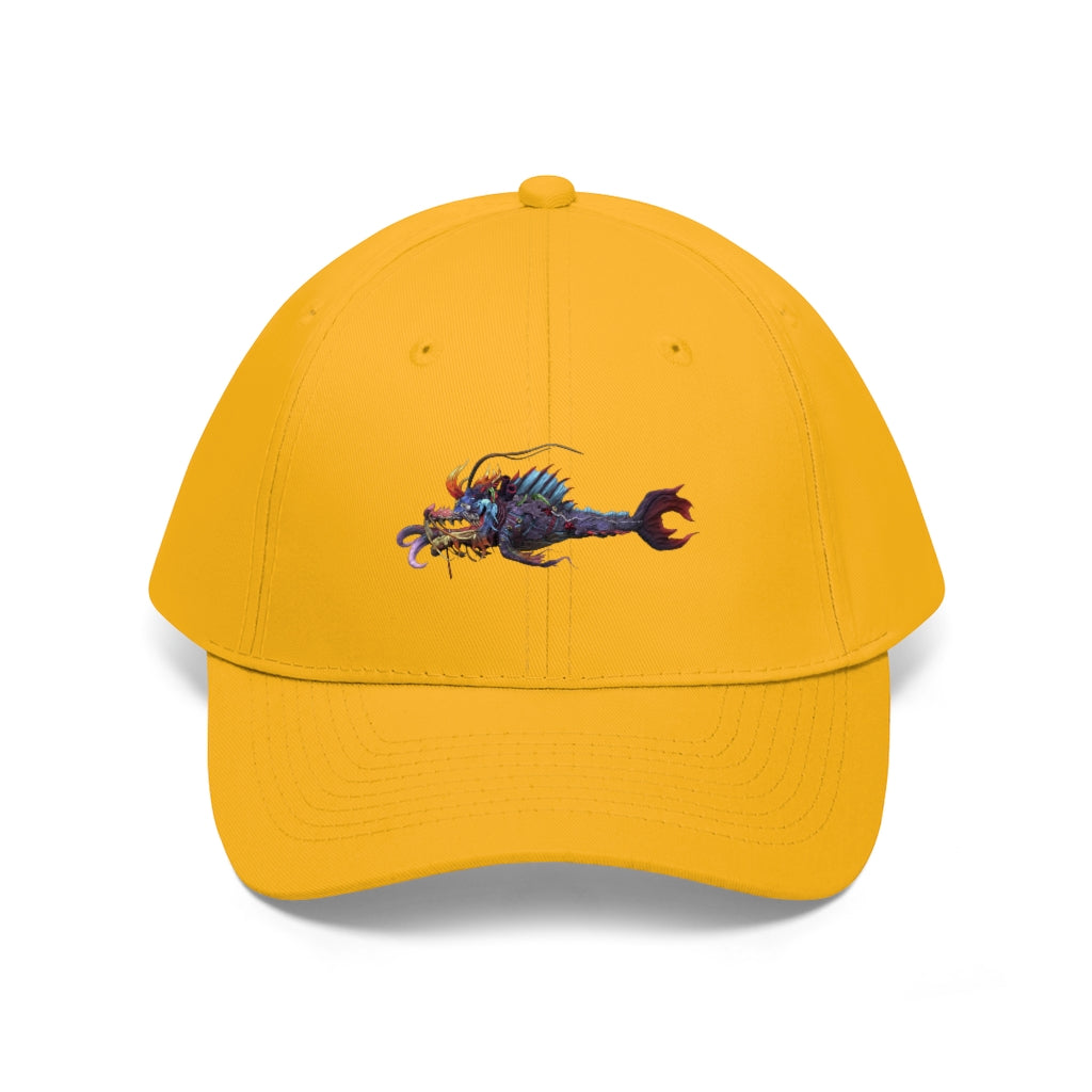 Ryuuk the Fish Dragon God Unisex Twill Hat featuring a unique design, adjustable Velcro closure, and classic 6-panel structure.