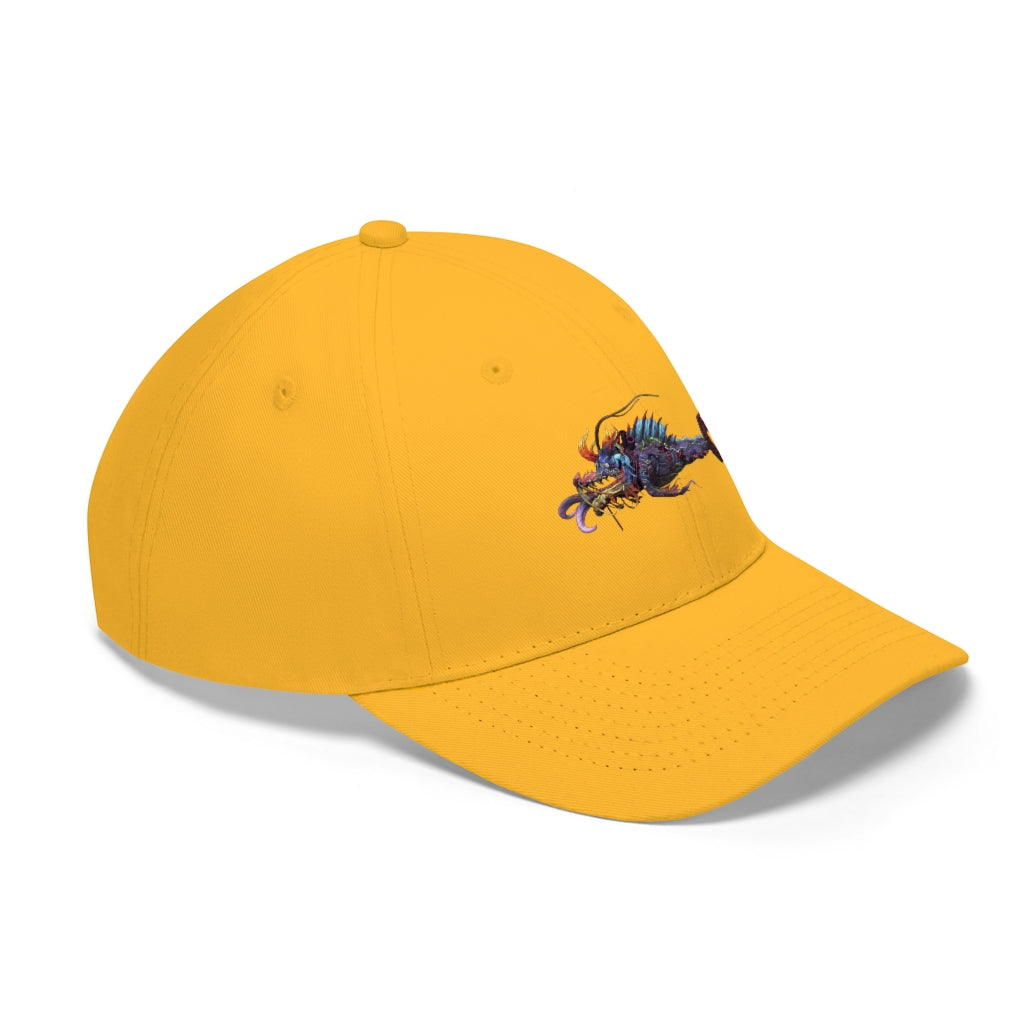 Ryuuk the Fish Dragon God Unisex Twill Hat featuring a unique design, adjustable Velcro closure, and classic 6-panel structure.