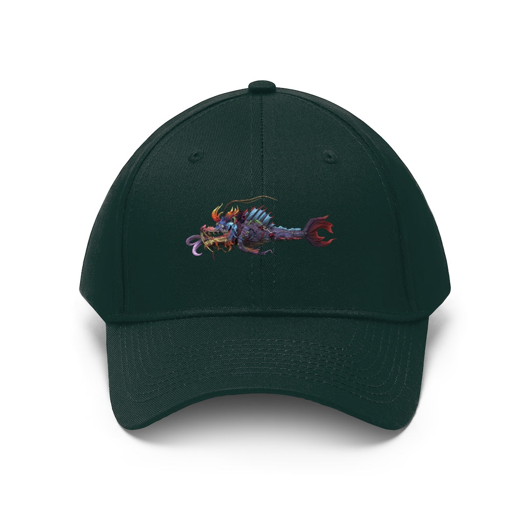 Ryuuk the Fish Dragon God Unisex Twill Hat featuring a unique design, adjustable Velcro closure, and classic 6-panel structure.