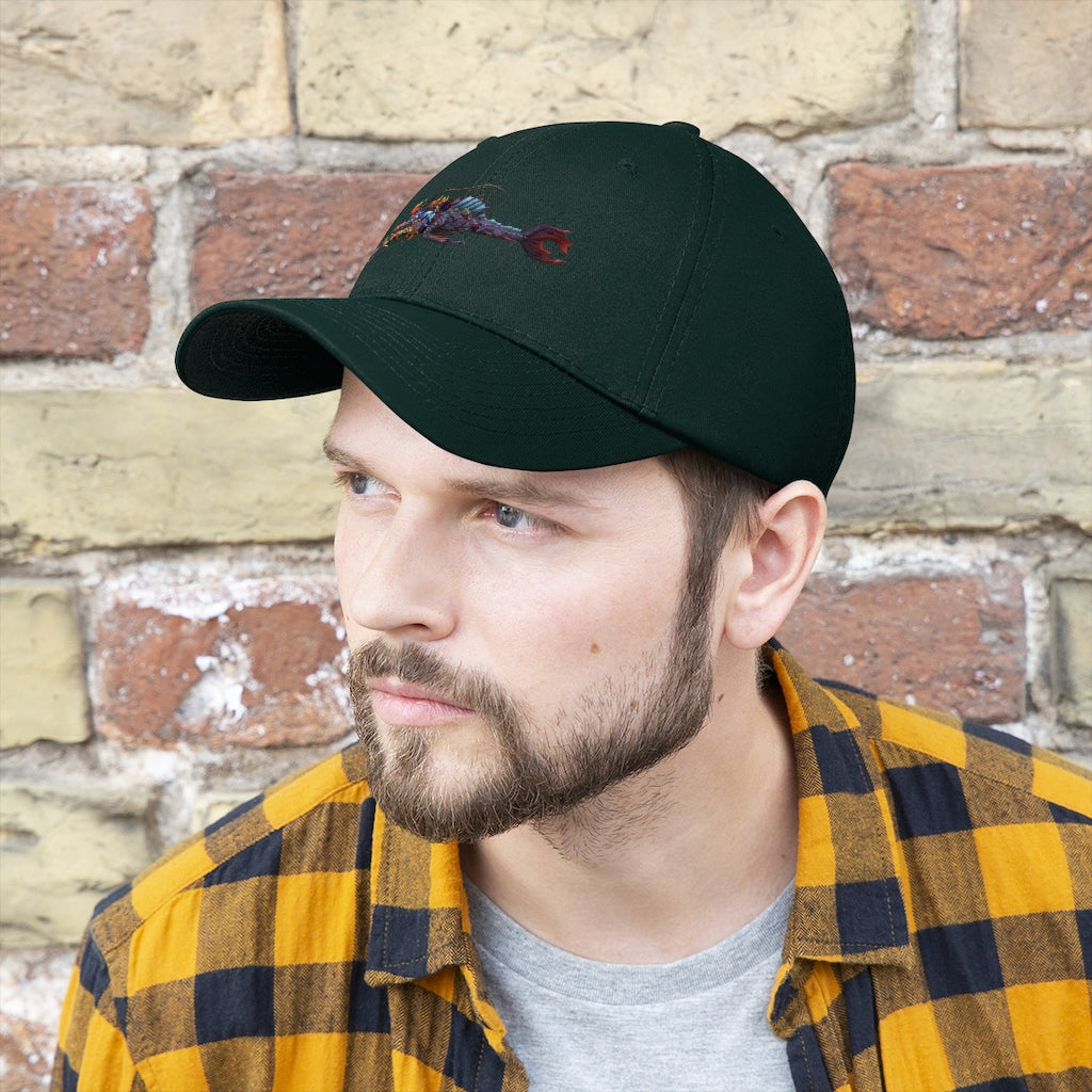Ryuuk the Fish Dragon God Unisex Twill Hat featuring a unique design, adjustable Velcro closure, and classic 6-panel structure.