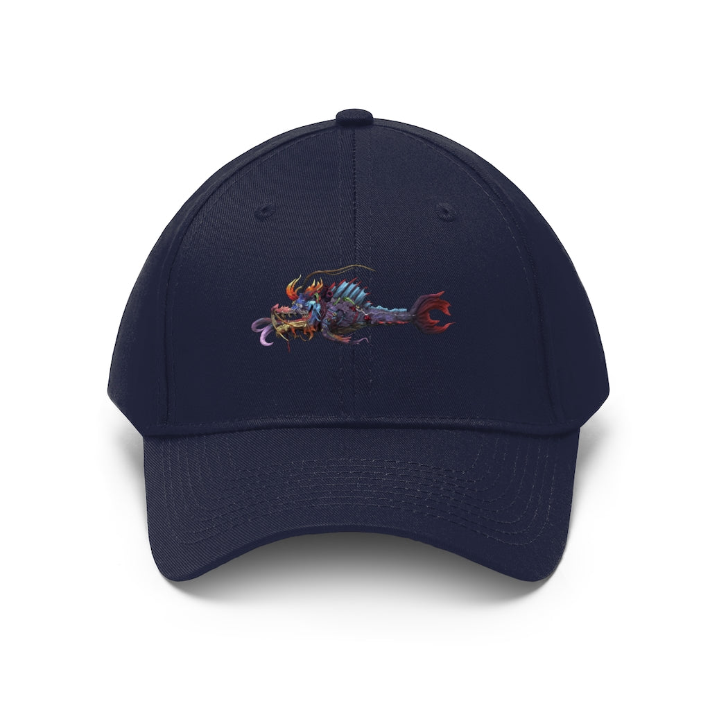 Ryuuk the Fish Dragon God Unisex Twill Hat featuring a unique design, adjustable Velcro closure, and classic 6-panel structure.