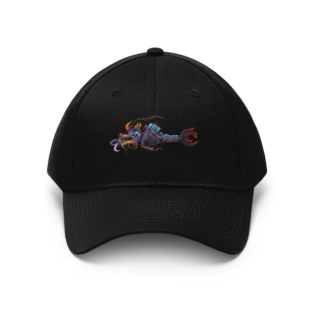 Ryuuk the Fish Dragon God Unisex Twill Hat featuring a unique design, adjustable Velcro closure, and classic 6-panel structure.