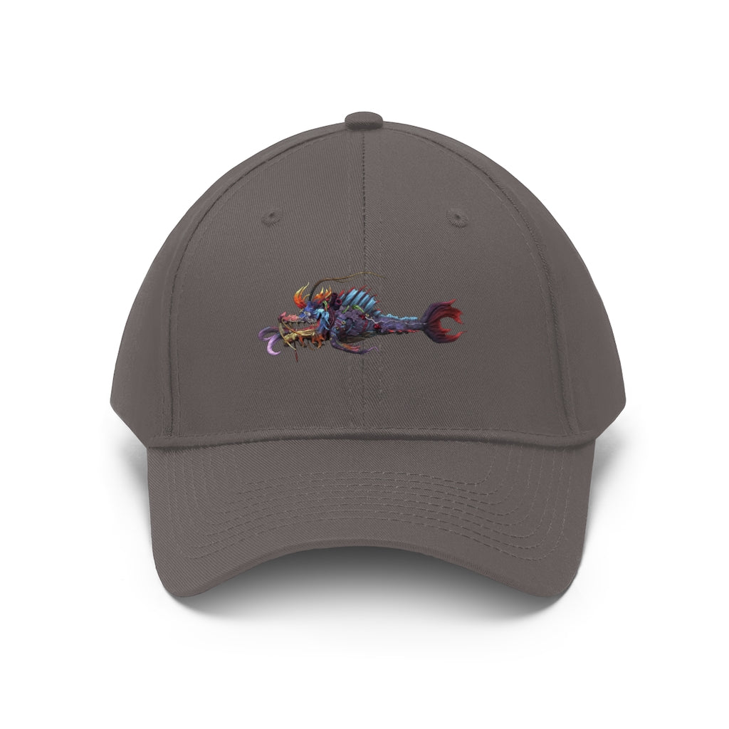 Ryuuk the Fish Dragon God Unisex Twill Hat featuring a unique design, adjustable Velcro closure, and classic 6-panel structure.
