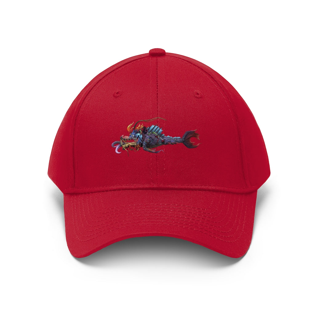 Ryuuk the Fish Dragon God Unisex Twill Hat featuring a unique design, adjustable Velcro closure, and classic 6-panel structure.