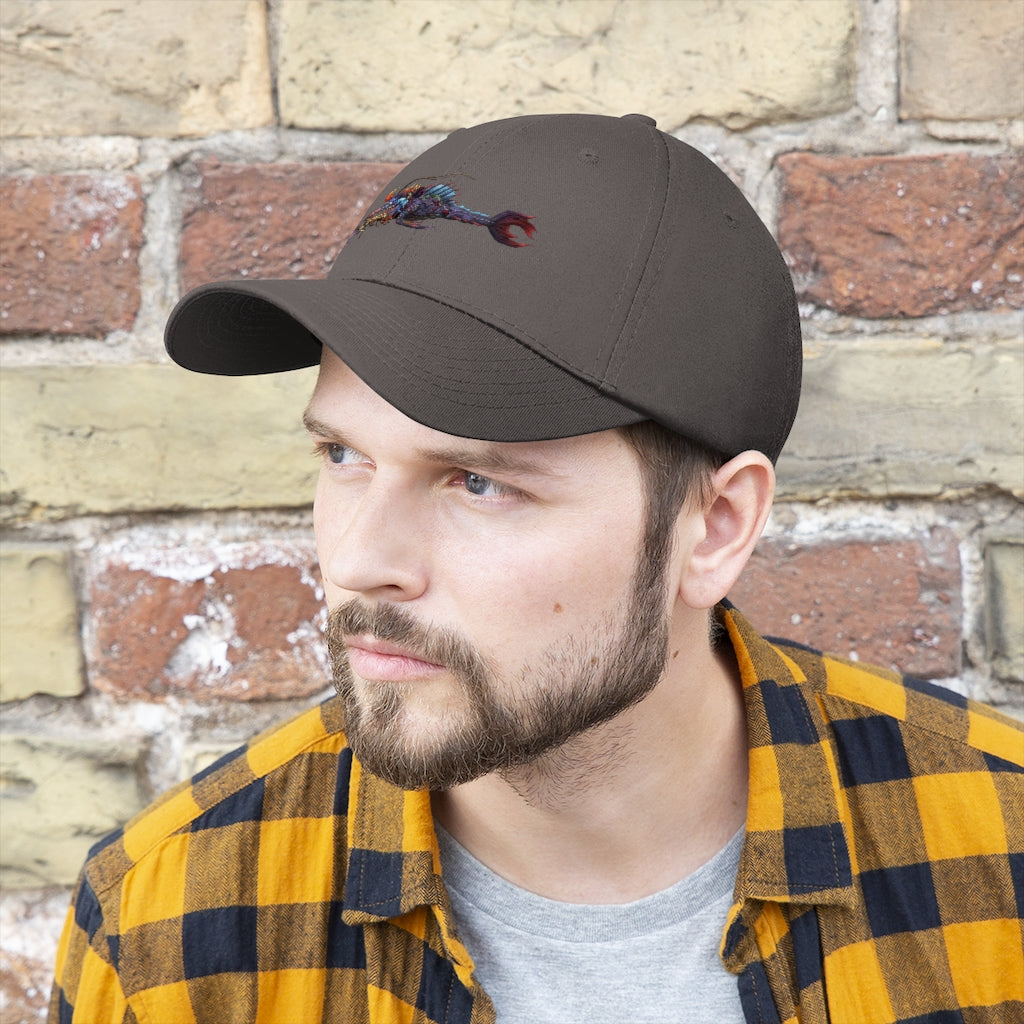 Ryuuk the Fish Dragon God Unisex Twill Hat featuring a unique design, adjustable Velcro closure, and classic 6-panel structure.