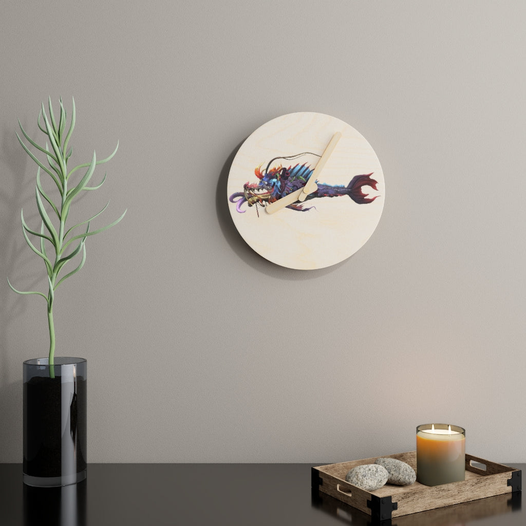 Ryuuk the Fish Dragon God Wooden Wall Clock made from sustainable birch plywood, featuring intricate dragon designs.