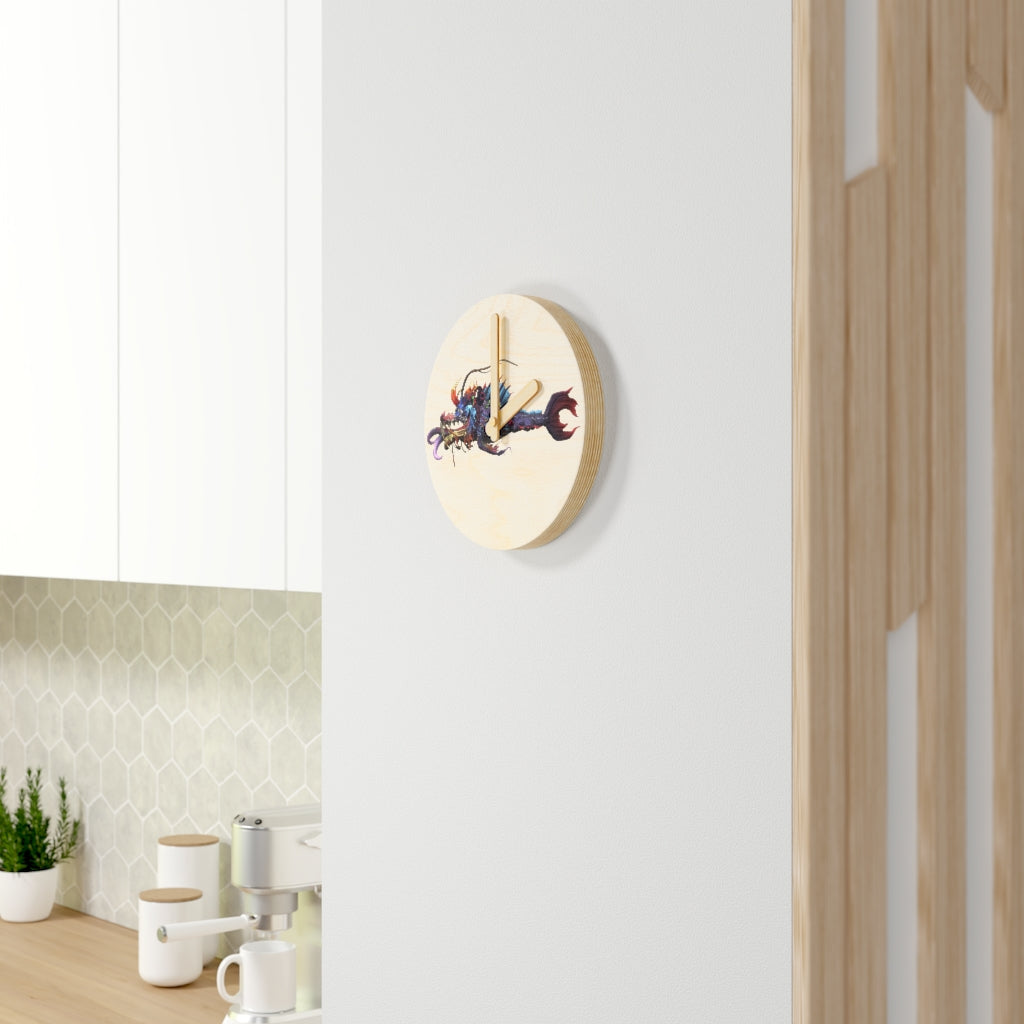Ryuuk the Fish Dragon God Wooden Wall Clock made from sustainable birch plywood, featuring intricate dragon designs.
