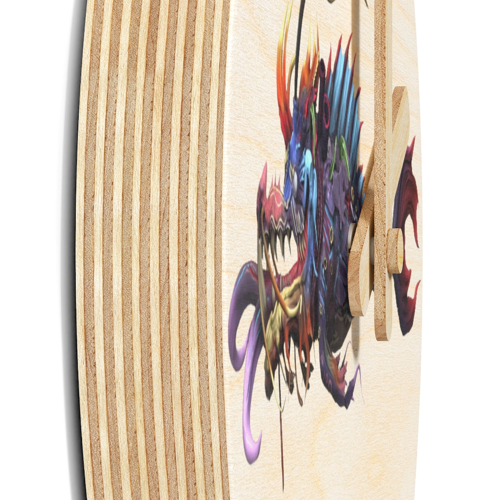 Ryuuk the Fish Dragon God Wooden Wall Clock made from sustainable birch plywood, featuring intricate dragon designs.