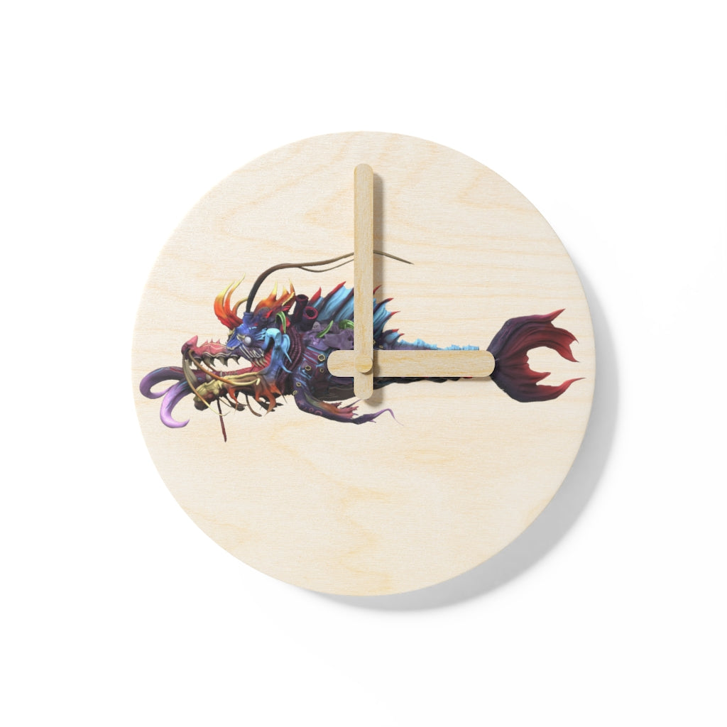 Ryuuk the Fish Dragon God Wooden Wall Clock made from sustainable birch plywood, featuring intricate dragon designs.