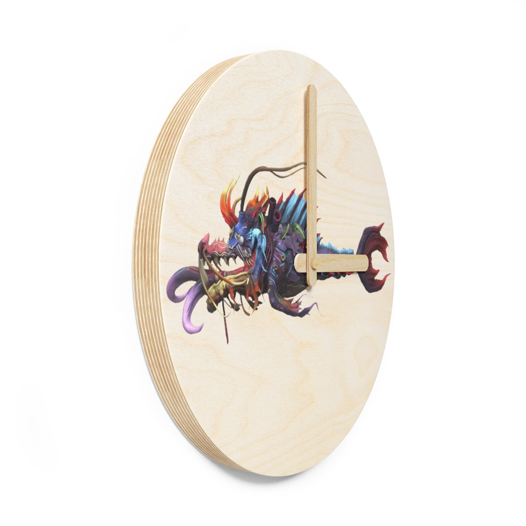 Ryuuk the Fish Dragon God Wooden Wall Clock made from sustainable birch plywood, featuring intricate dragon designs.