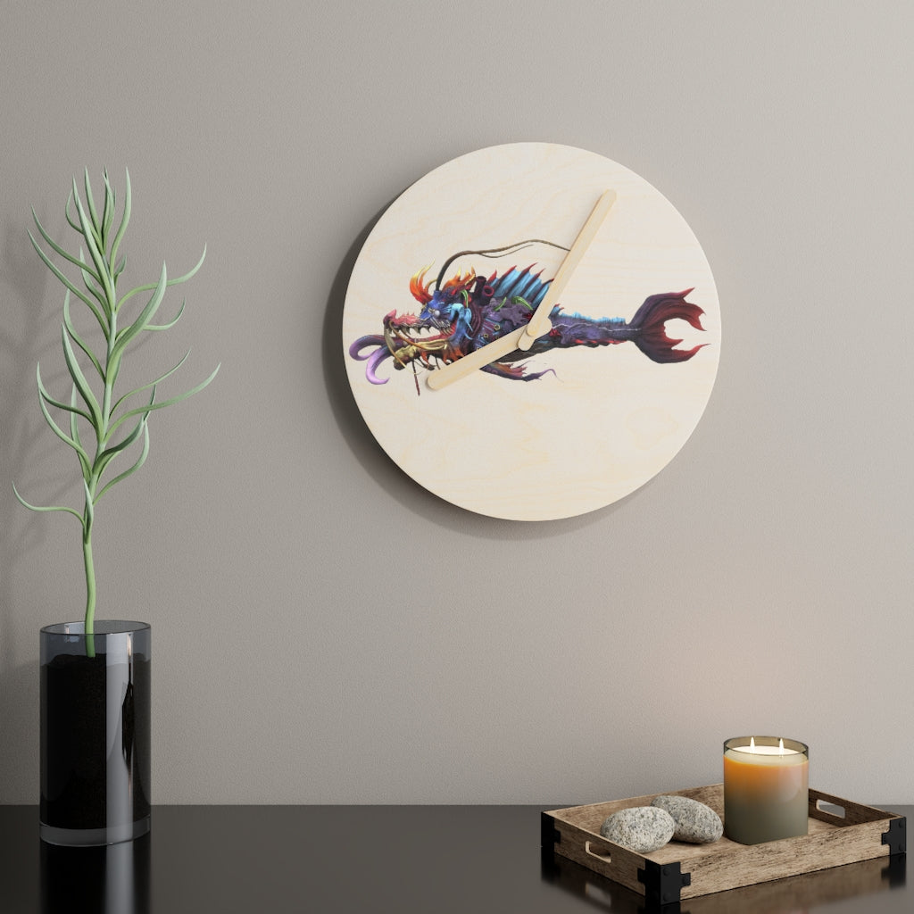 Ryuuk the Fish Dragon God Wooden Wall Clock made from sustainable birch plywood, featuring intricate dragon designs.