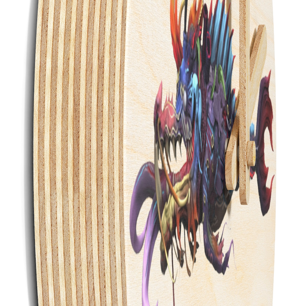 Ryuuk the Fish Dragon God Wooden Wall Clock made from sustainable birch plywood, featuring intricate dragon designs.