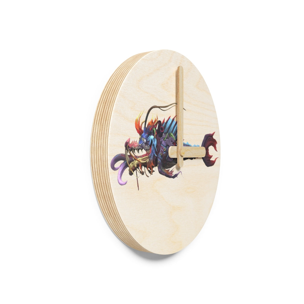 Ryuuk the Fish Dragon God Wooden Wall Clock made from sustainable birch plywood, featuring intricate dragon designs.