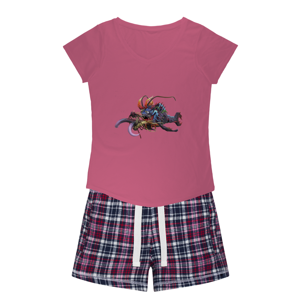 Ryuuk the Fish Dragon God Women's Sleepy Tee and Flannel Short set featuring a relaxed fit T-shirt and colorful flannel shorts.