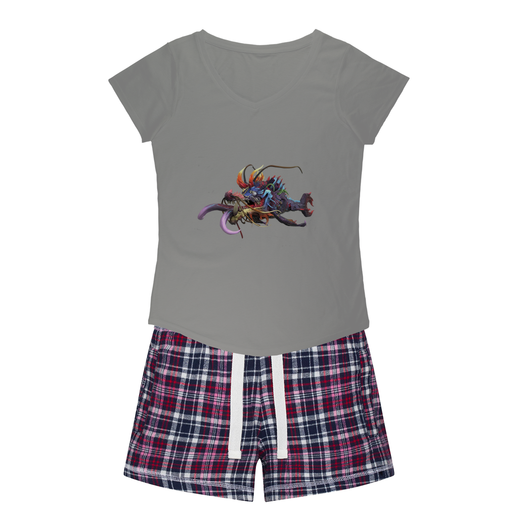 Ryuuk the Fish Dragon God Women's Sleepy Tee and Flannel Short set featuring a relaxed fit T-shirt and colorful flannel shorts.