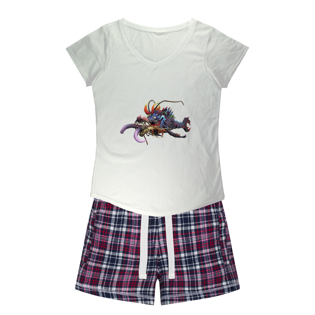 Ryuuk the Fish Dragon God Women's Sleepy Tee and Flannel Short set featuring a relaxed fit T-shirt and colorful flannel shorts.