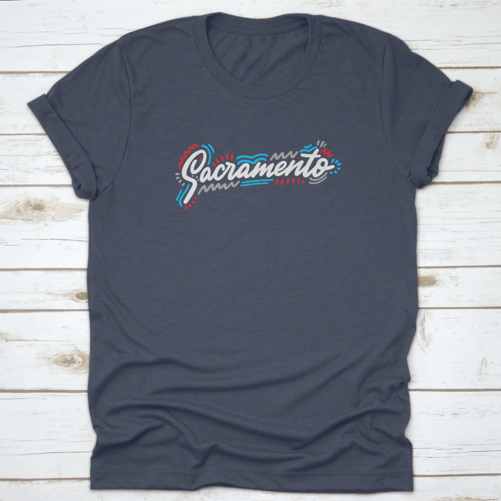 Sacramento Handwritten City Name design on a stylish cotton garment, showcasing modern calligraphy.