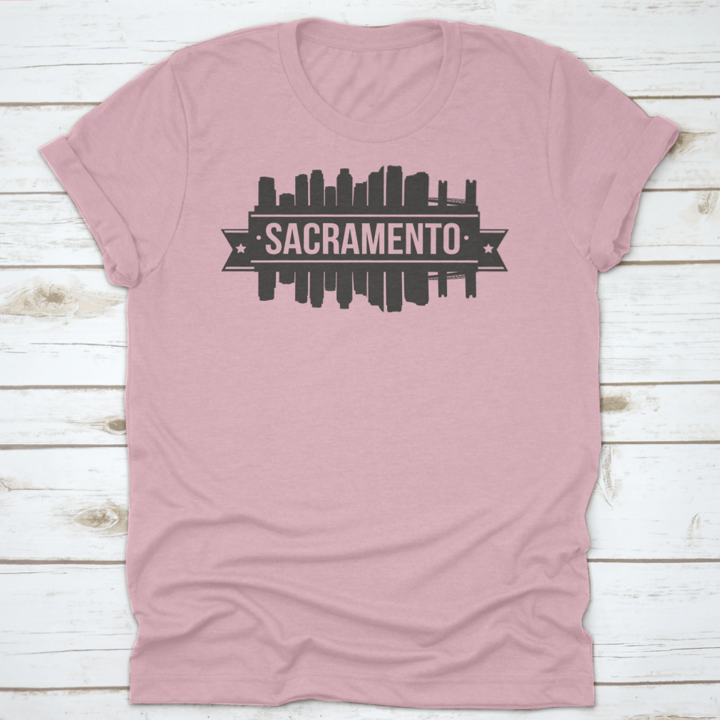 Sacramento Skyline Stamp Silhouette City design on a cotton t-shirt, showcasing the cityscape in a stylish silhouette.