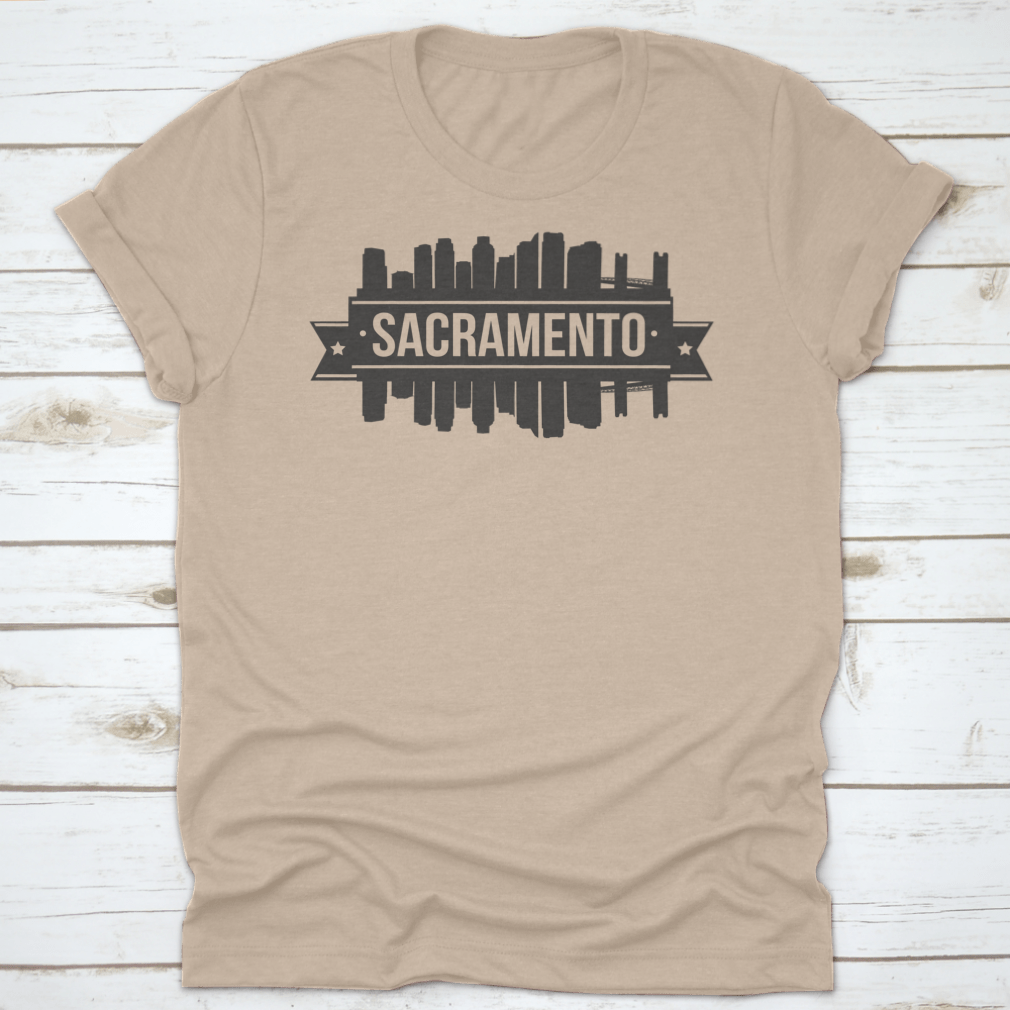 Sacramento Skyline Stamp Silhouette City design on a cotton t-shirt, showcasing the cityscape in a stylish silhouette.