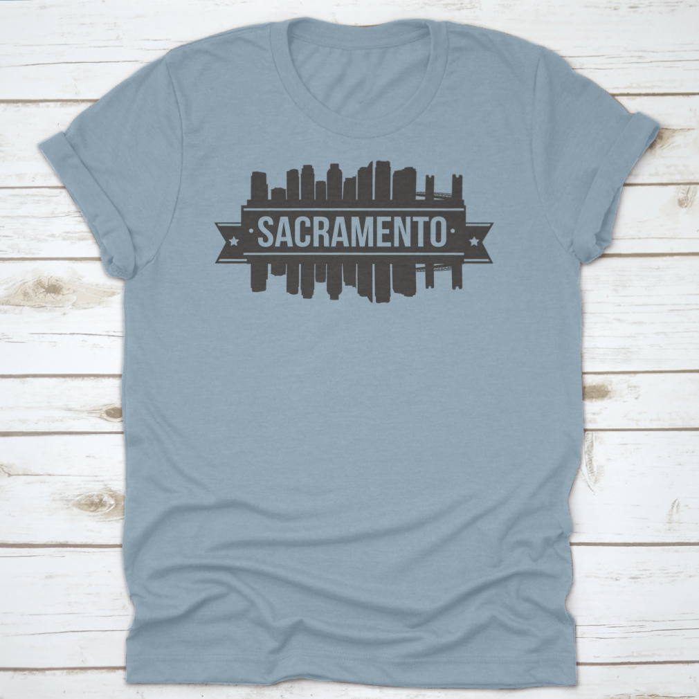 Sacramento Skyline Stamp Silhouette City design on a cotton t-shirt, showcasing the cityscape in a stylish silhouette.