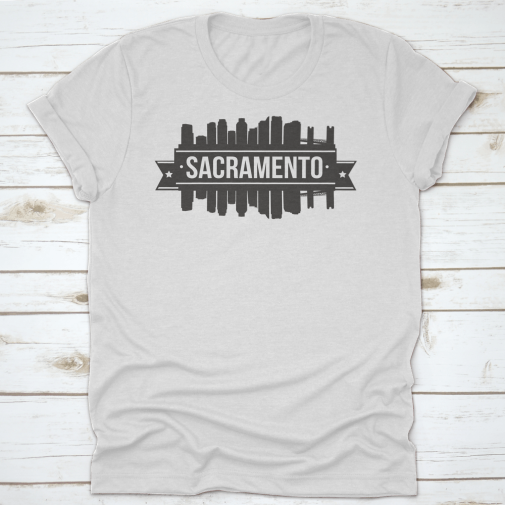 Sacramento Skyline Stamp Silhouette City design on a cotton t-shirt, showcasing the cityscape in a stylish silhouette.