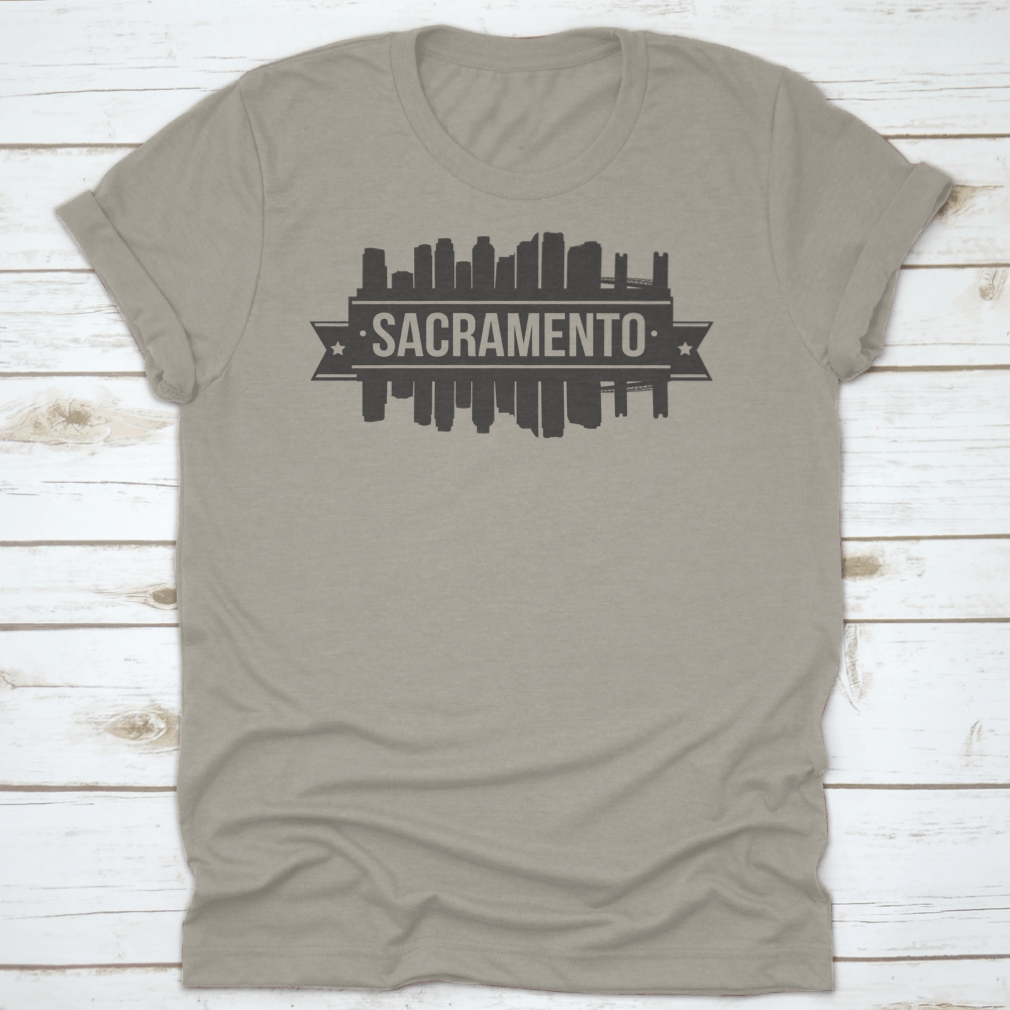 Sacramento Skyline Stamp Silhouette City design on a cotton t-shirt, showcasing the cityscape in a stylish silhouette.
