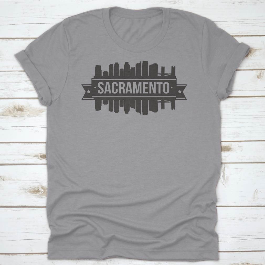Sacramento Skyline Stamp Silhouette City design on a cotton t-shirt, showcasing the cityscape in a stylish silhouette.