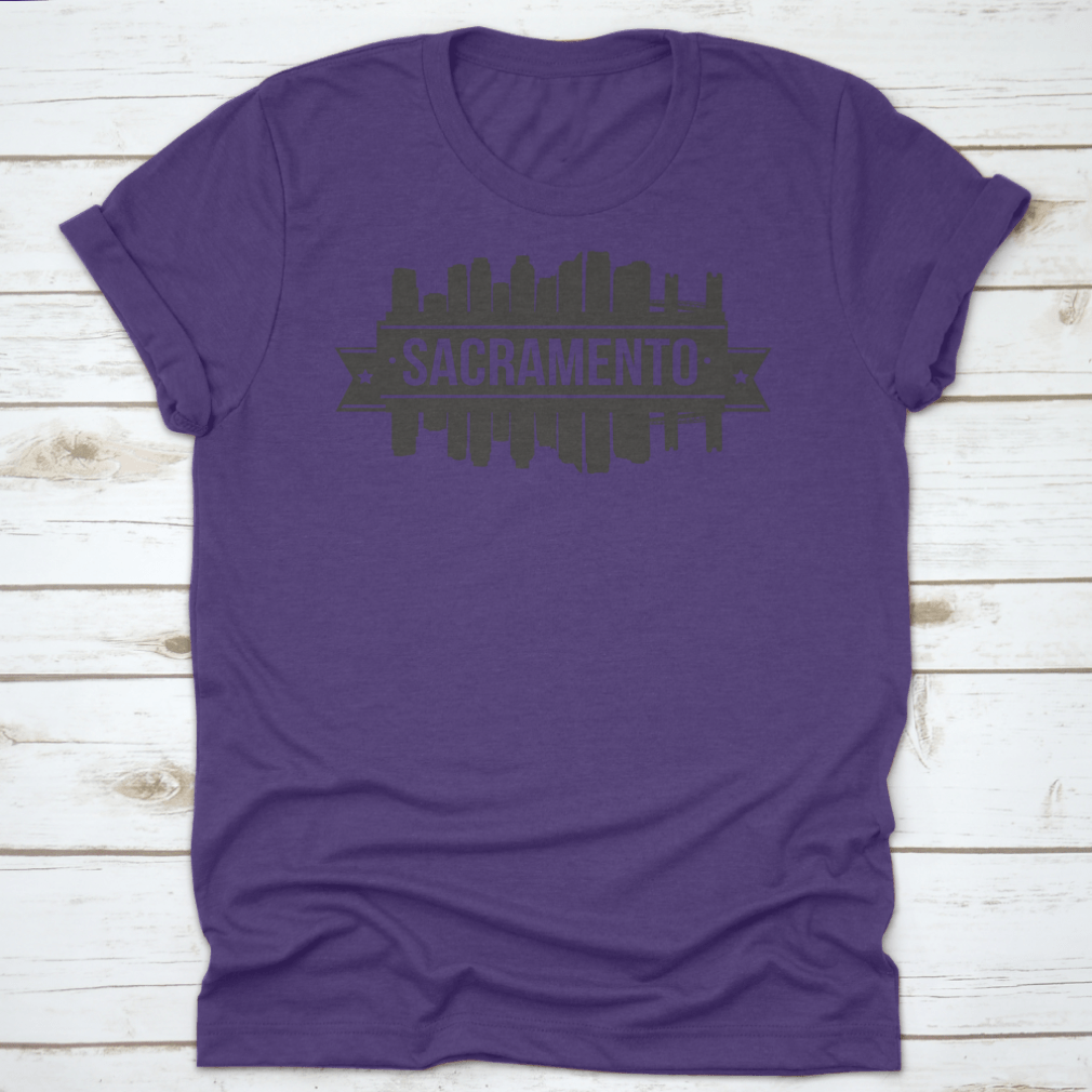 Sacramento Skyline Stamp Silhouette City design on a cotton t-shirt, showcasing the cityscape in a stylish silhouette.