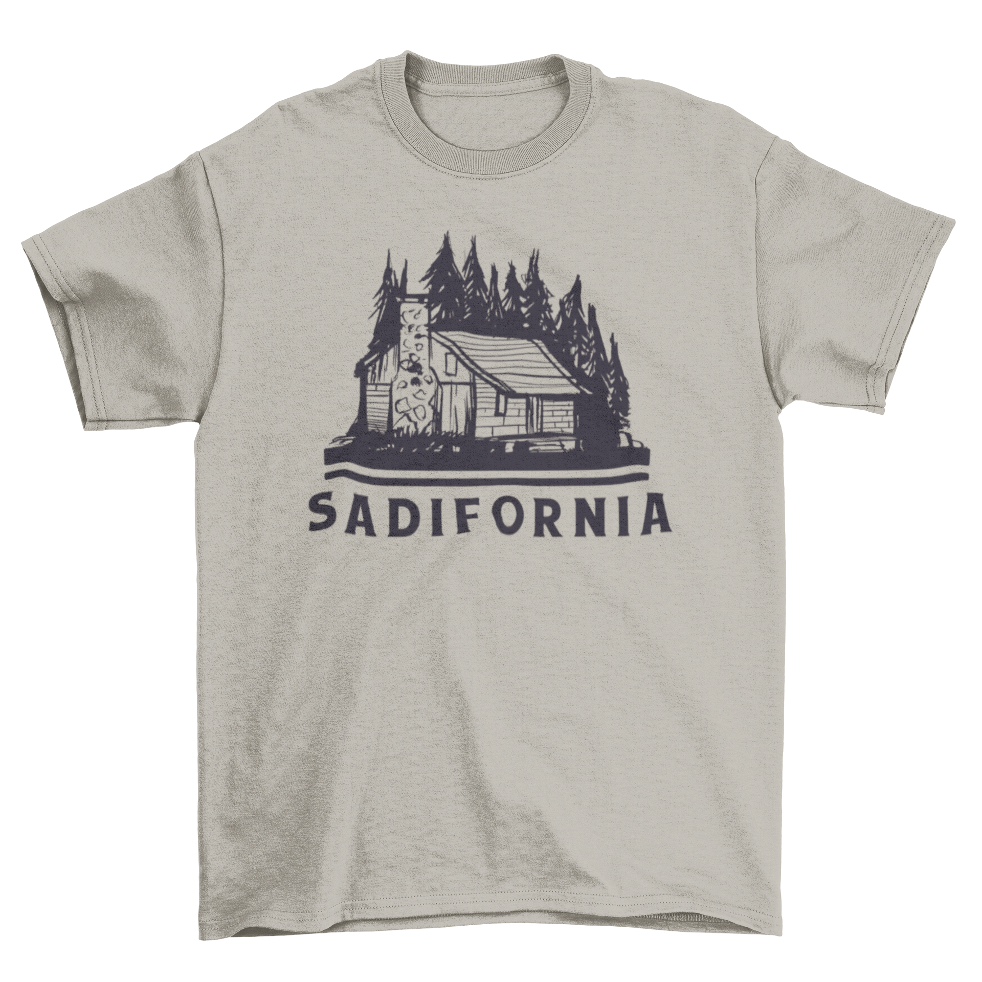 Sadifornia t-shirt featuring a black and white cabin design surrounded by pines, with the word 'Sadifornia' prominently displayed.