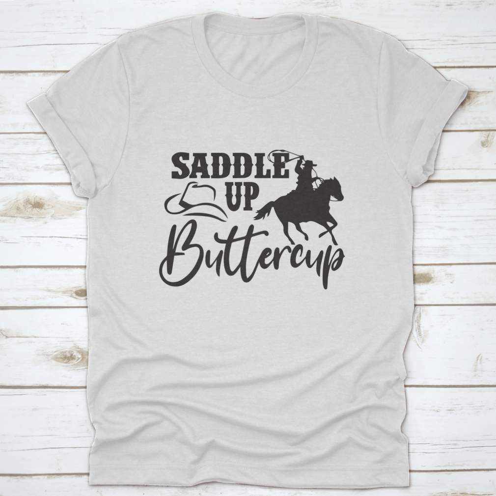 Saddle Up Buttercup logo t-shirt displayed on a mannequin, showcasing its classic fit and vibrant design.
