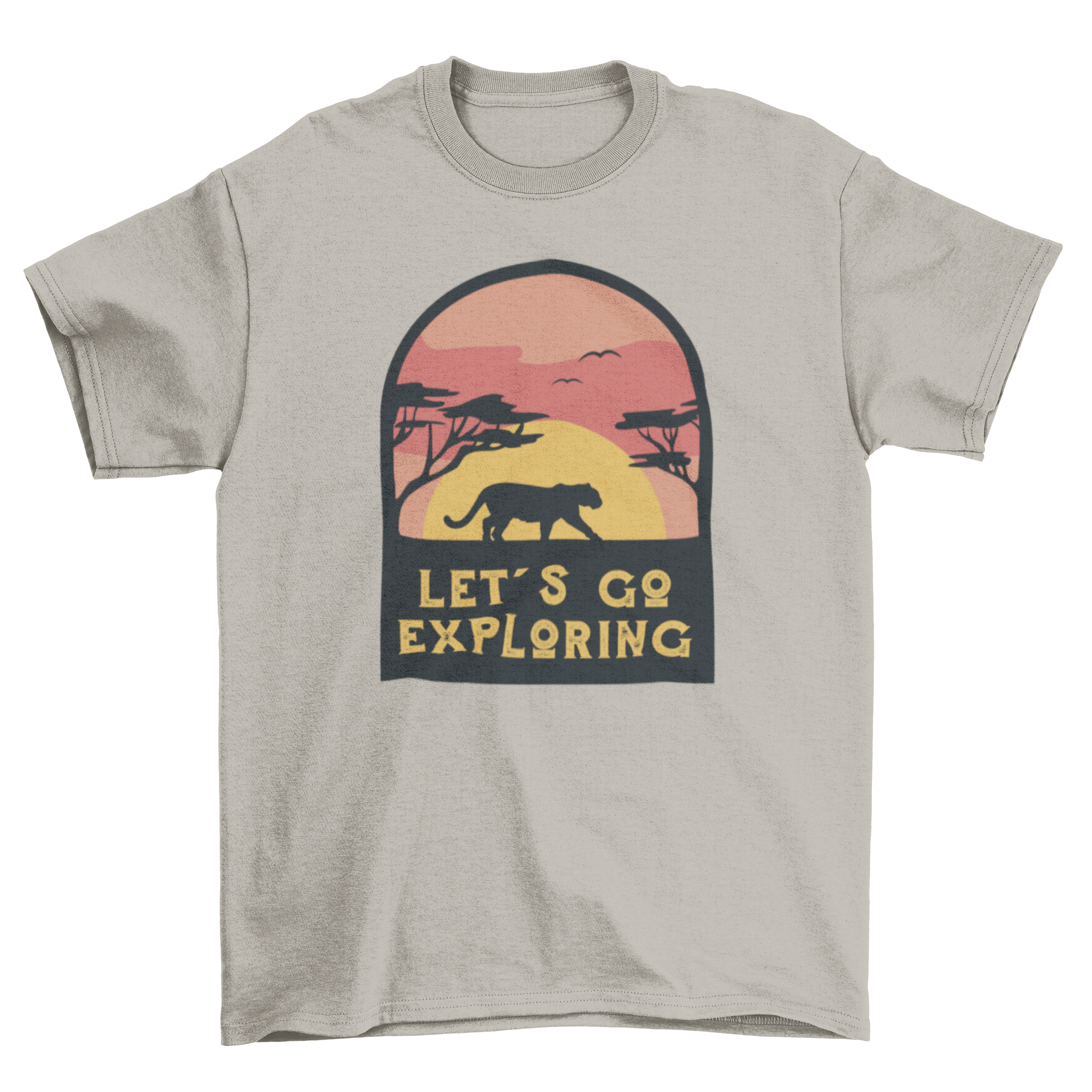 A stylish t-shirt featuring a tiger silhouette against a vibrant sunset landscape with the quote 'Let's go exploring'.