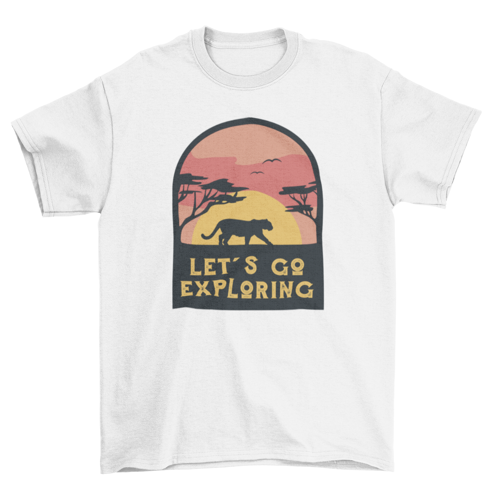 A stylish t-shirt featuring a tiger silhouette against a vibrant sunset landscape with the quote 'Let's go exploring'.