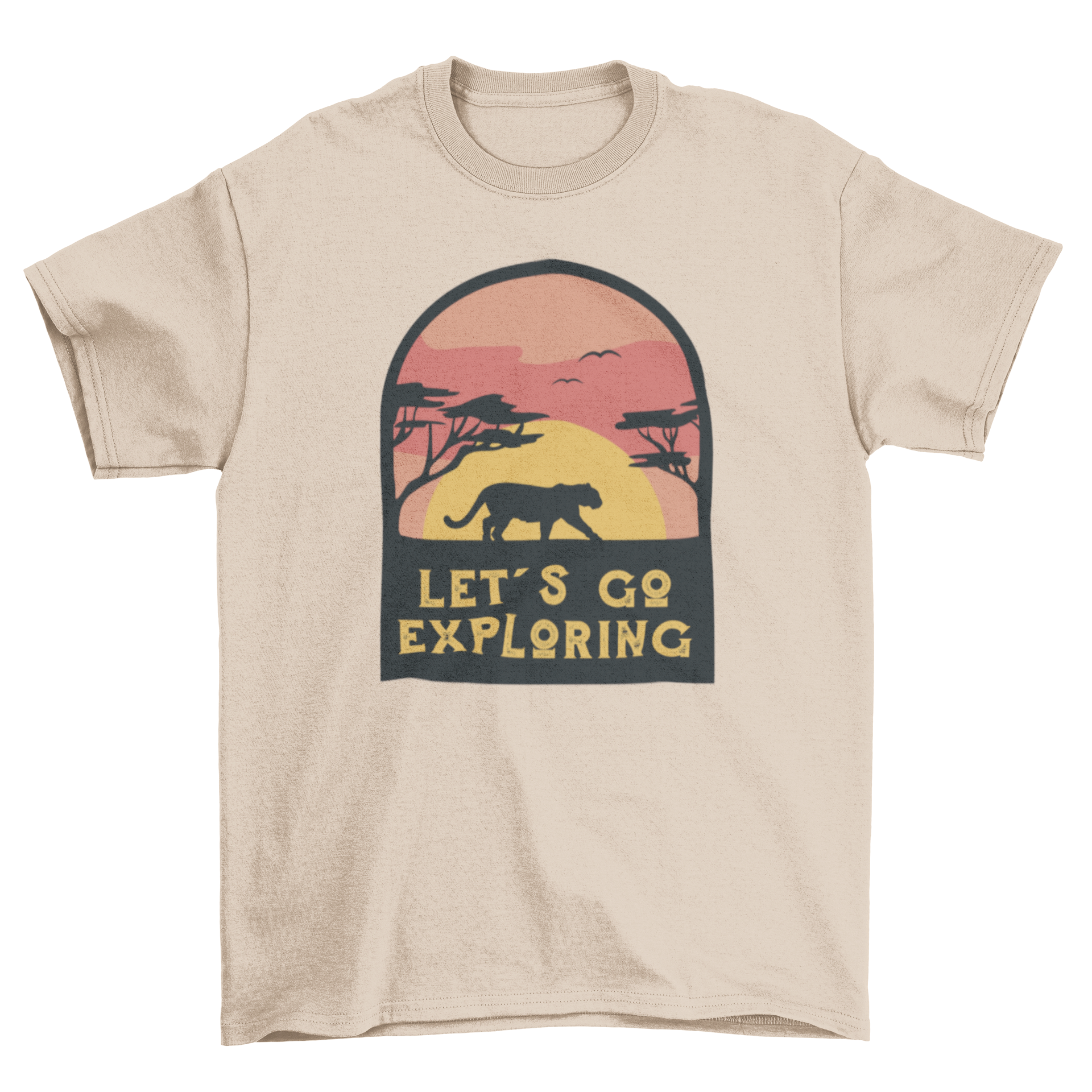 A stylish t-shirt featuring a tiger silhouette against a vibrant sunset landscape with the quote 'Let's go exploring'.