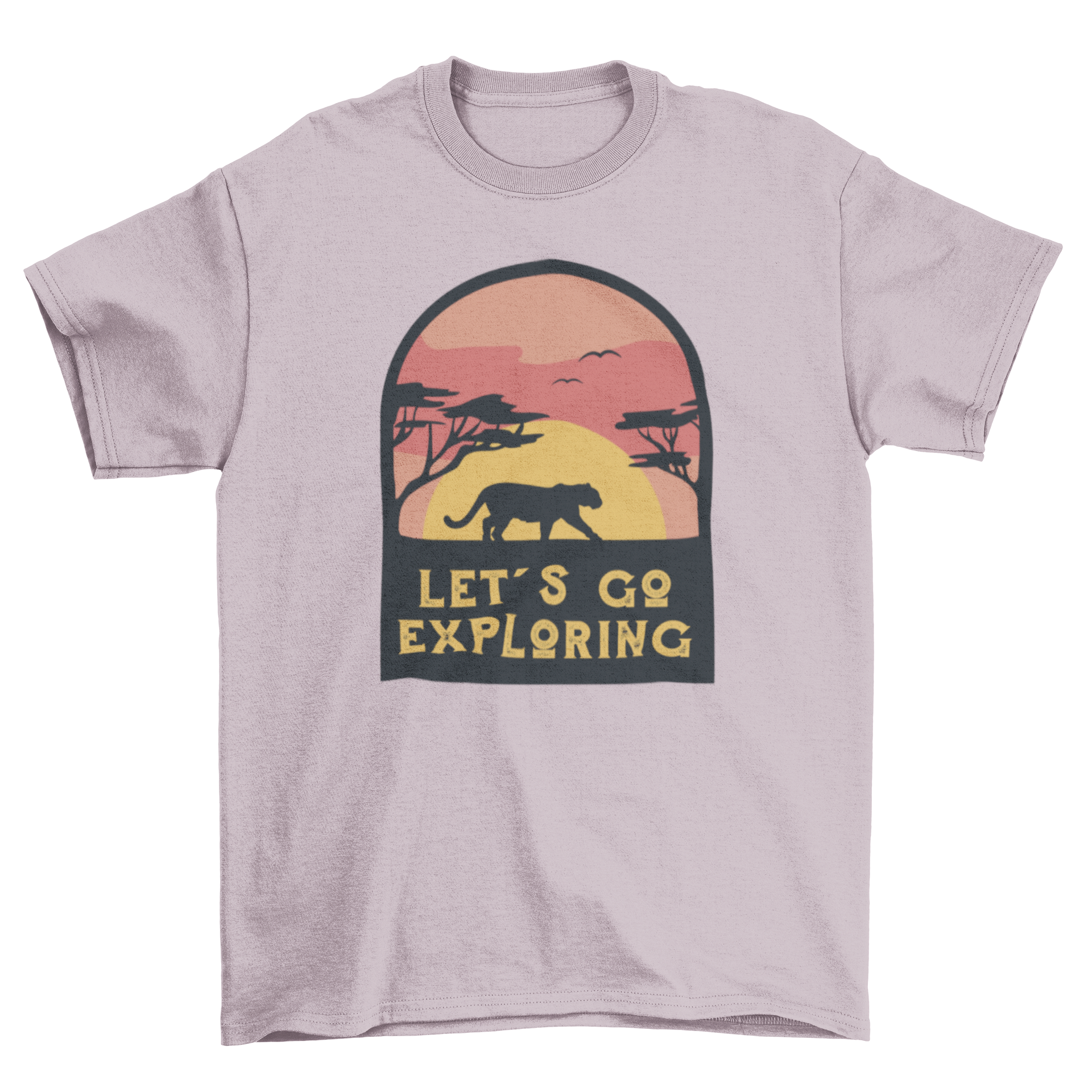 A stylish t-shirt featuring a tiger silhouette against a vibrant sunset landscape with the quote 'Let's go exploring'.