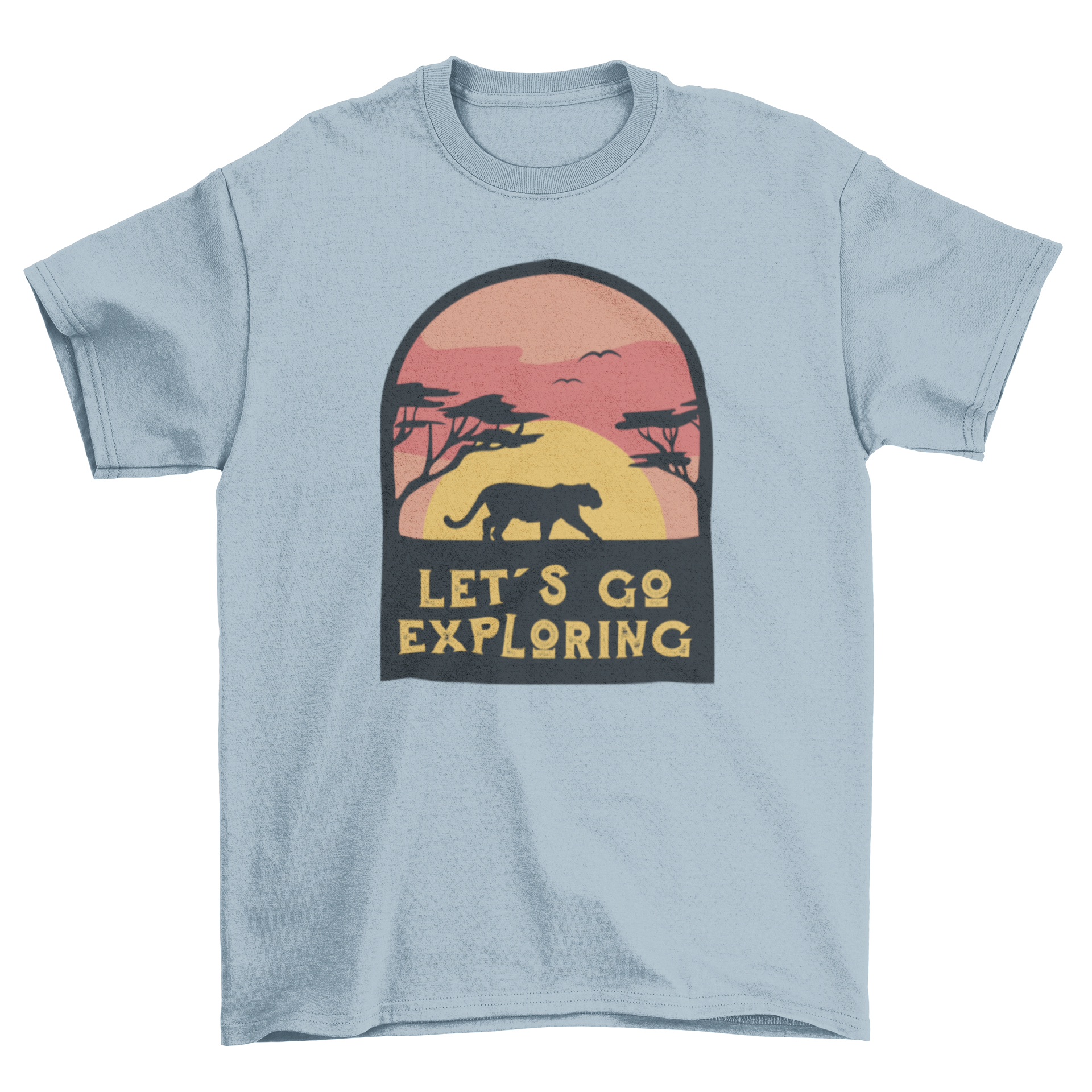 A stylish t-shirt featuring a tiger silhouette against a vibrant sunset landscape with the quote 'Let's go exploring'.