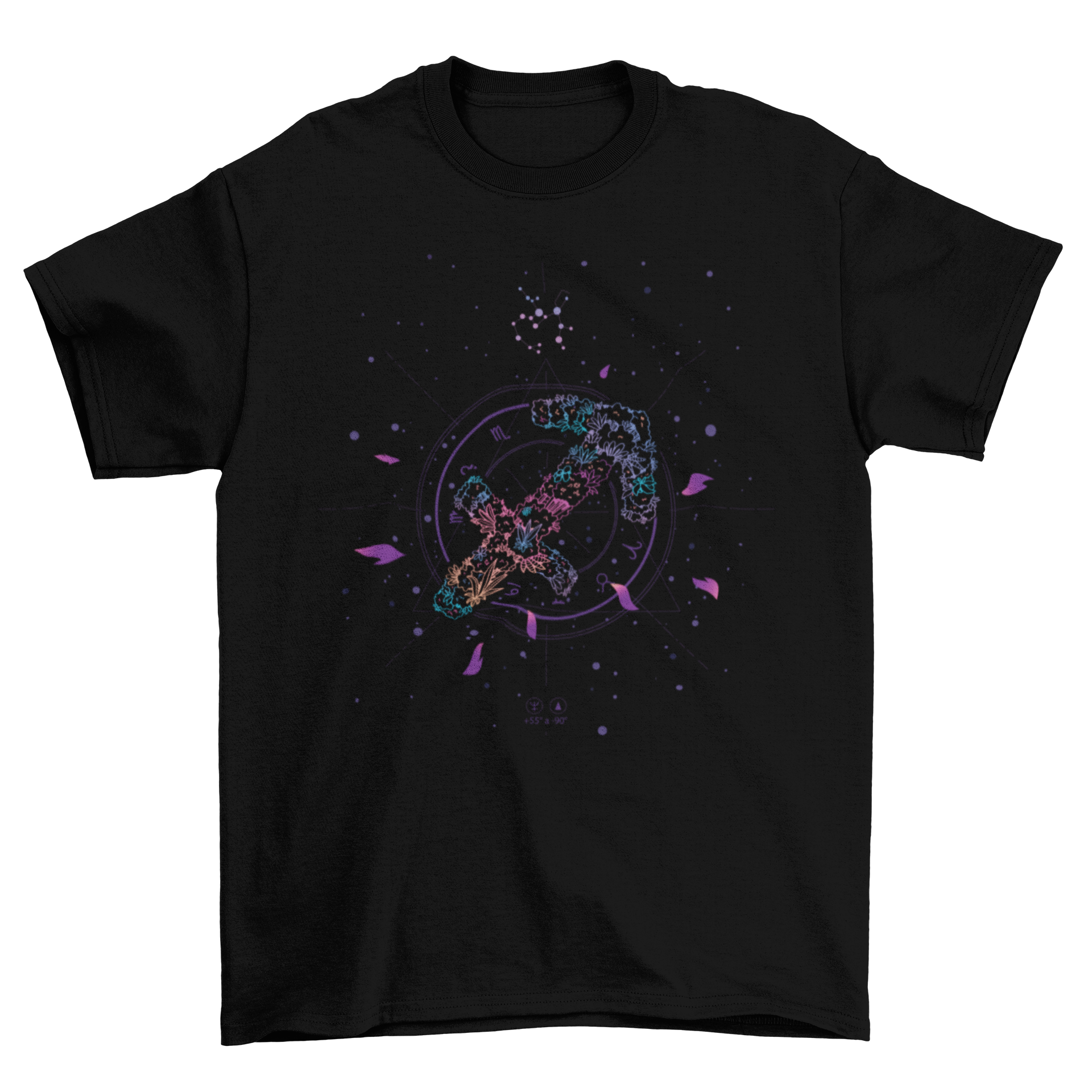 A stylish t-shirt featuring the Sagittarius zodiac sign in an elegant floral line art design.