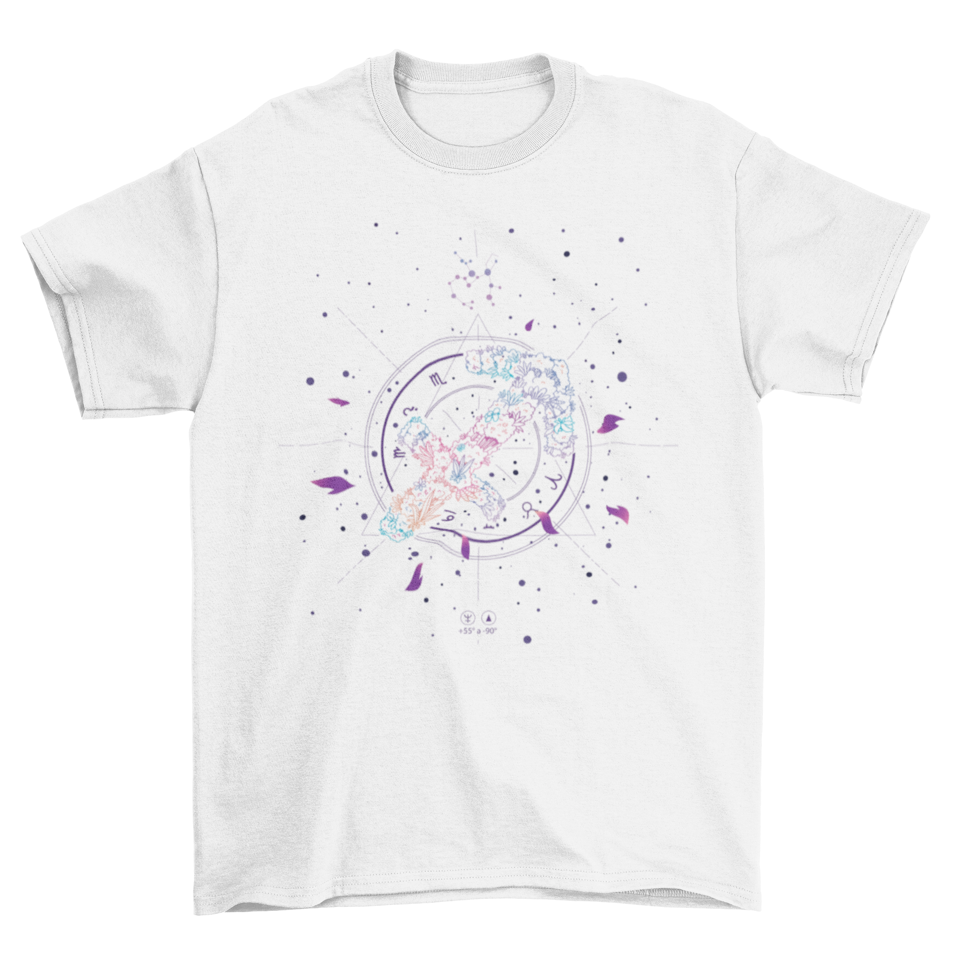 A stylish t-shirt featuring the Sagittarius zodiac sign in an elegant floral line art design.