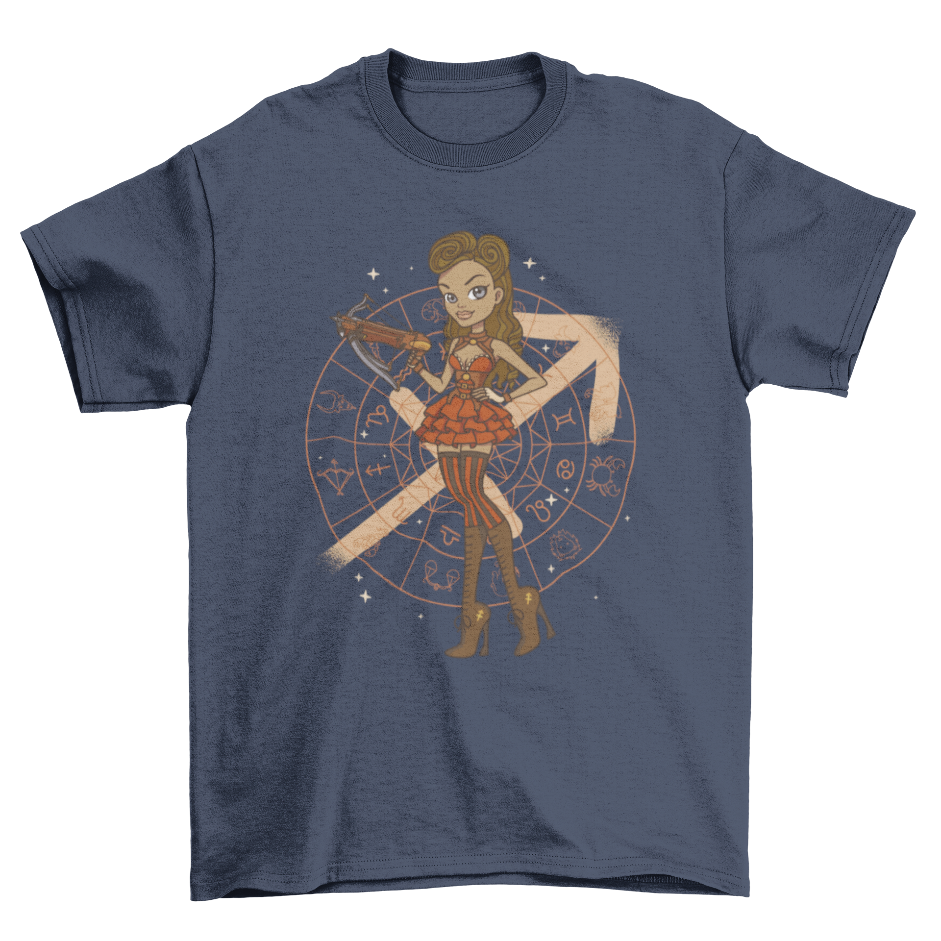 A stylish t-shirt featuring a girl in a steampunk costume representing the Sagittarius zodiac sign, showcasing intricate design elements.