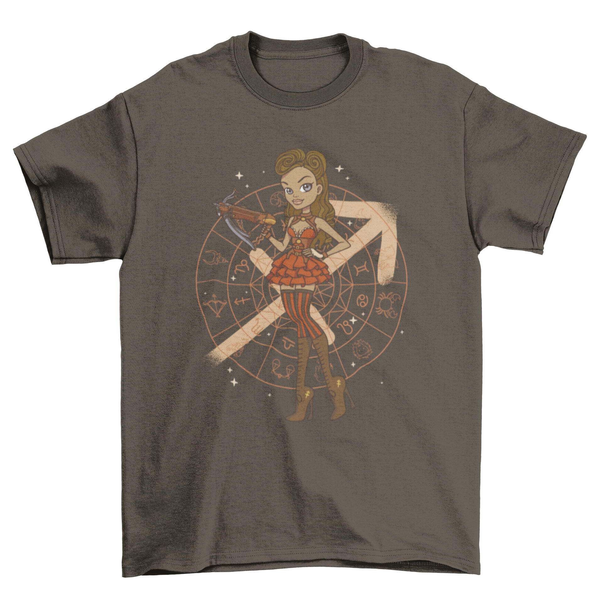 A stylish t-shirt featuring a girl in a steampunk costume representing the Sagittarius zodiac sign, showcasing intricate design elements.