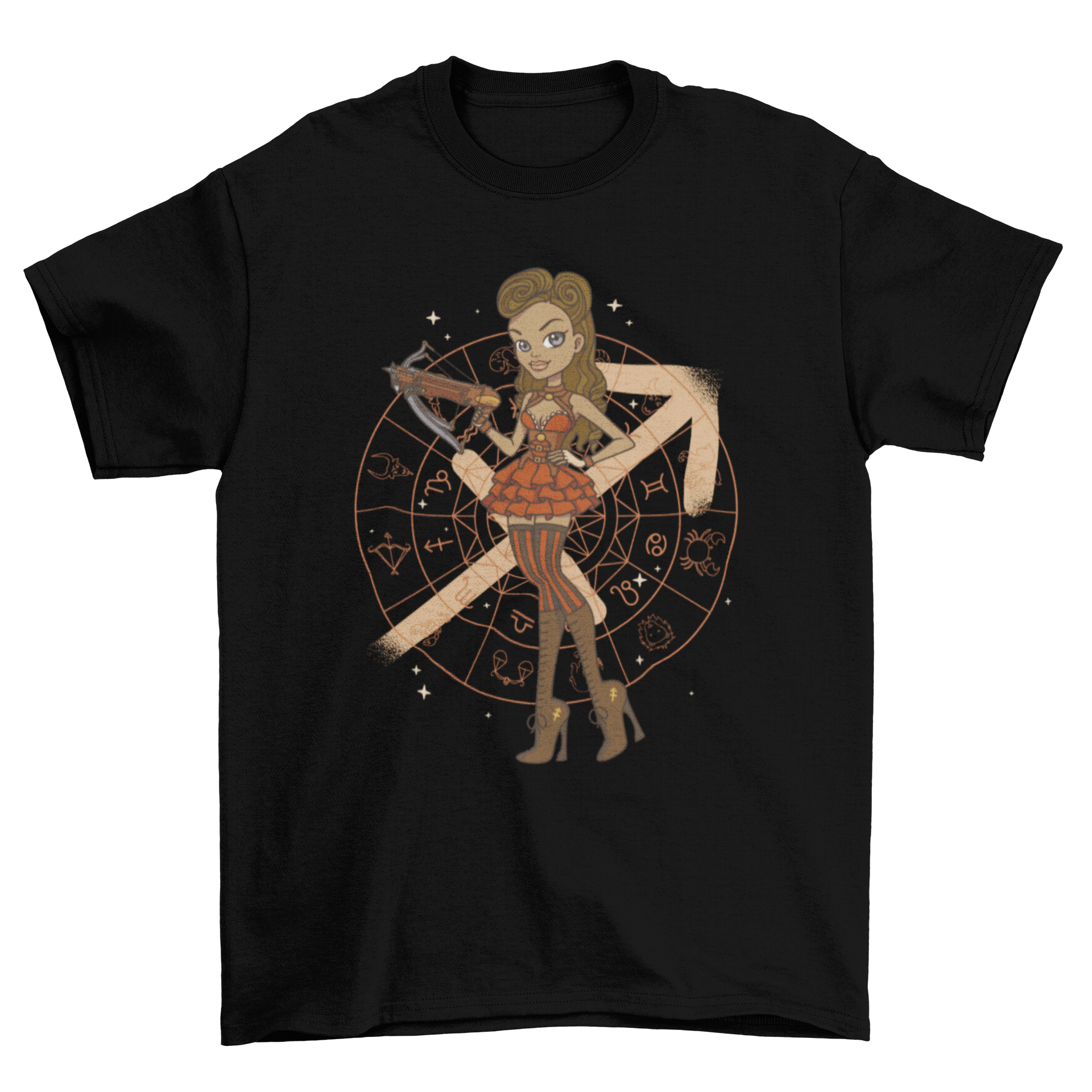 A stylish t-shirt featuring a girl in a steampunk costume representing the Sagittarius zodiac sign, showcasing intricate design elements.