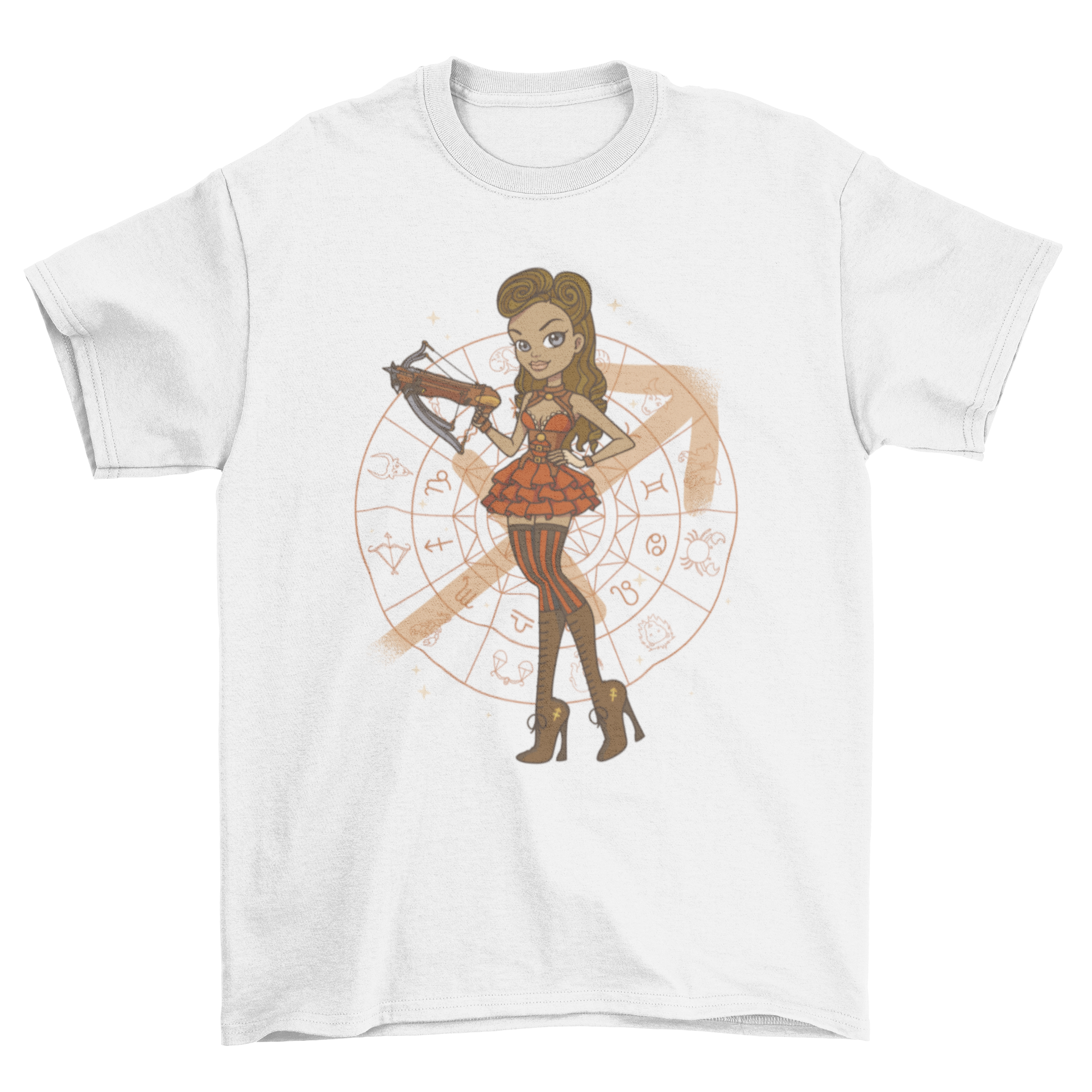 A stylish t-shirt featuring a girl in a steampunk costume representing the Sagittarius zodiac sign, showcasing intricate design elements.
